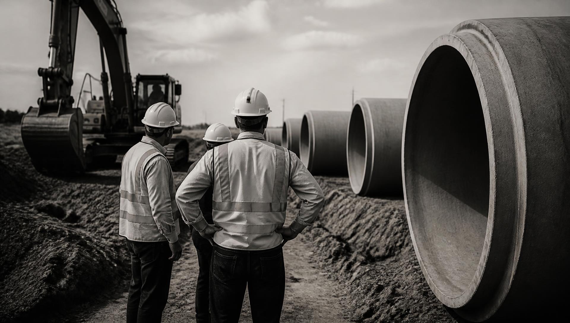 Engineers reviewing large diameter pipe sections on a Texas water infrastructure site