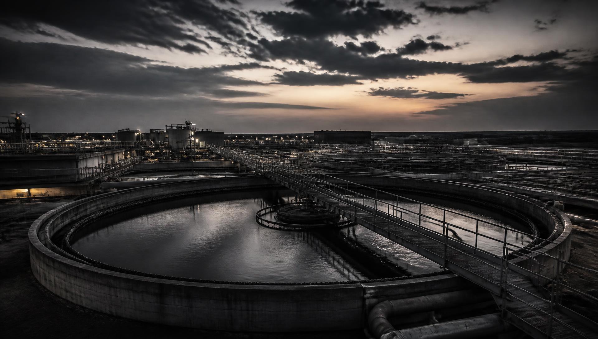 Water treatment works at dusk, Texas